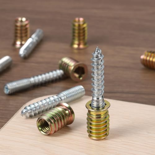 uxcell M6x60mm Hanger Bolts, 12pcs 31mm Wood Dowel Screw Self-Tapping Screw with 12pcs M6x24mm Threaded Insert Nuts Interface Hex Socket Drive, for Joint Furniture Legs