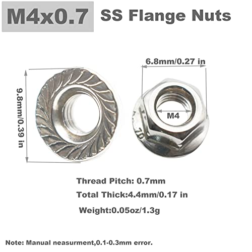 50 Pcs M4 Stainless Flange Nuts Thread Metric Washer Nuts Fastener - size: M4_0.7mm