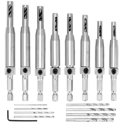 QWORK Self Centering Drill Bit Set, 17 Pcs 1/4" Hex Shank Hinge Hole Drilling Tool for Woodworking Window Door Cabinet Hinge