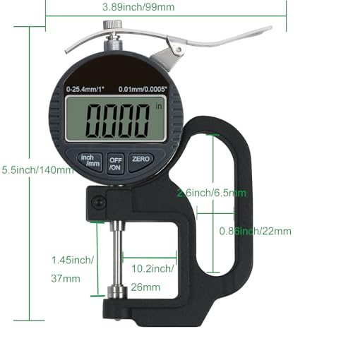 Digital Thickness Gauge 1 inch/0-25.4mm, 0.0005inch/0.01mm Accuracy - size: 1"/0.0005"