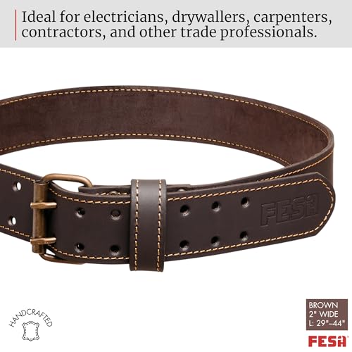 FESA Men's Leather Tool Belt - Handcrafted Top Grain Leather Tool Pouch Belt for Carpenters & Other Trade Professionals - color: Brown - 2" Wide - L