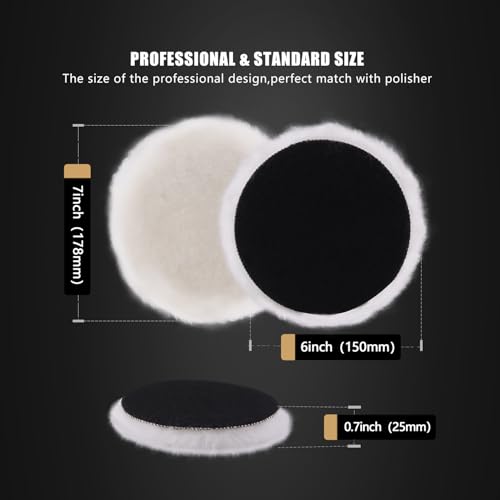 Wool Buffing Polishing Pad, SPTA 6Pcs 6 Inch (150mm) Lambwool Wool polishing Pads with Pad Clean Tool Kit with Hook & Loop 5/8"-11 Thread Drill Adapter for Car Polishing and Buffing -A1055S6M58 - size: 150mm