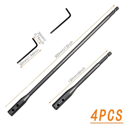 1/4 Extension Drill Bit Set 4Pcs Unbreakable Wood Spade Drill Bit Extension Extra-Long Drill Extension with 2 Pcs Key Spade Bit Extension Set for Wood Turners Furniture Carpentry and Construction