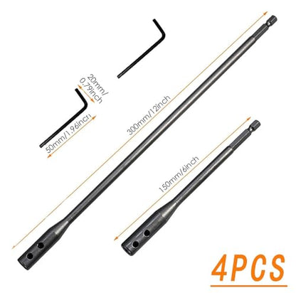 1/4 Extension Drill Bit Set 4Pcs Unbreakable Wood Spade Drill Bit Extension Extra-Long Drill Extension with 2 Pcs Key Spade Bit Extension Set for Wood Turners Furniture Carpentry and Construction