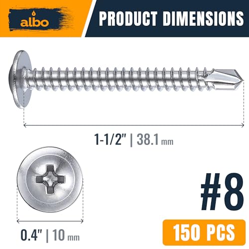 ALBO 150 PCS, #8 x 1-1/2" Sheet Metal Screws Self Tapping, 410 Stainless Steel Truss Head Sheet Metal Screws, Self Drilling Screws for Metal & Plastic, Rust Resistant Fasteners - color: Silver, size: #8 x 1-1/2"