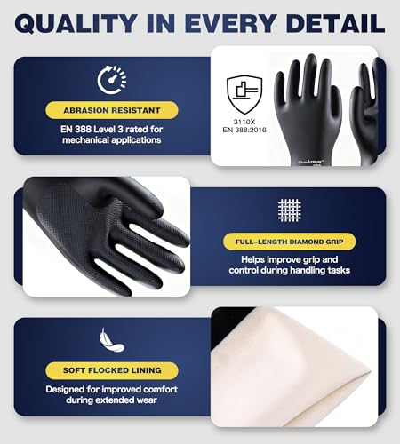 AnTools 2 Pairs Heavy-Duty Chemical Resistant Rubber Gloves, Protective Industrial Gloves for Cleaning, Dishwashing, Resist Acid, Alkali, Hazmat, Black, Large