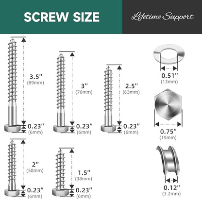 46Pcs 3/8" Hex Head Lag Bolts Screws Assortment Kit, Heavy Duty Lag Screws with Washers, 304 Stainless Steel 18-8, 3/8 Bolt for Wood, Bright Finish - size: 3/8" Kit