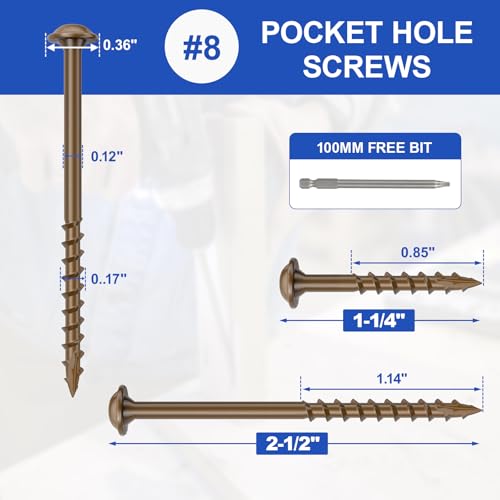 #8 Pocket Hole Screws 1-1/4 Inch, 320Pcs Coarse Thread Wood Screws, Square Drive, Washer Head, 4-Layer Coating, Drive Bit Included (Brown) - color: Brown, size: #8 x 1-1/4"