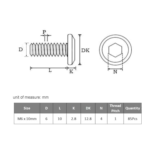 VGBUY M6-1 x 10 mm 85pcs Flat Head Hex Socket Cap Screws Metric M6 Bolts, 304 Stainless Steel 18-8, Black Zinc Plated, Full Thread, with Hex Spanner - size: M6 x 10mm(85pcs)