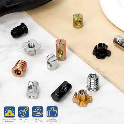 Glarks 60pcs M6 x 10/12/15/20mm Nickel Plated Barrel Cross Dowels Slotted Nut Kit, Includes 40pcs Barrel Nut, 10pcs M6x10mm 4-Pronged Tee Nut, 10pcs M6x15mm Hex Socket Threaded Insert Nuts - size: M6, style: 60pcs Silver Barrel Nut Set