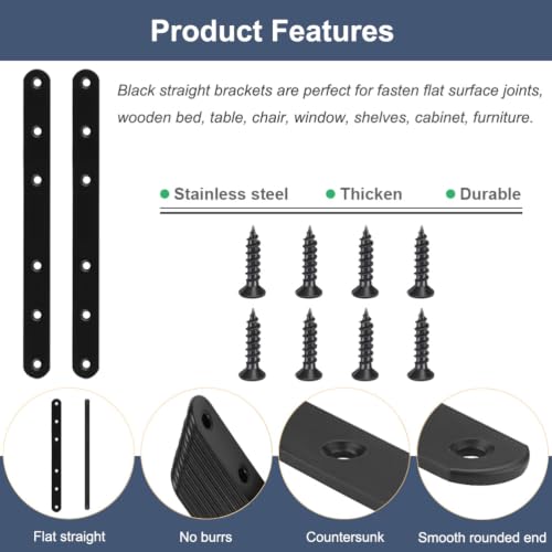 4 Pcs Black Flat Bracket 8 Inch Stainless Steel Straight Braces, Mending Plates Repair Fixing Brackets Heavy Duty Straight Repair Joining Plates with Screws - size: Black 4 PCS-8 inch