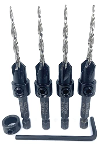 FTG USA 4 Pc #6 (9/64") Tapered Countersink Drill Bit Set with 1 Stop - size: #6, style: Same Sort 4 Pc