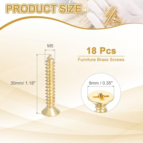 MECCANIXITY Brass Phillips Wood Screws, M5 x 30mm Brass Phillips Flat Wood Screws Self-Tapping Furniture Connector for Door Hinges, Wood Crafts and DIY Projects,(Gold Tone, Pack of 18) - size: M5 x 30mm