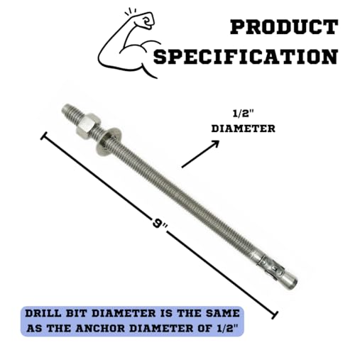 Mighty Fasteners 304 Stainless Steel Wedge Anchors 1/2" X 9" - 5 Pack - size: 1/2" X 9"