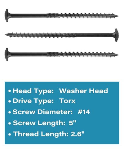IMSCREWS #14 x 5 inch Black Wood Deck Screws Epoxy Coated Carbon Steel T30 Star Drive Large Washer Head Timber Screws Heavy Duty Structural Fasteners 100 Pack - color: Black, size: #14 x 5"