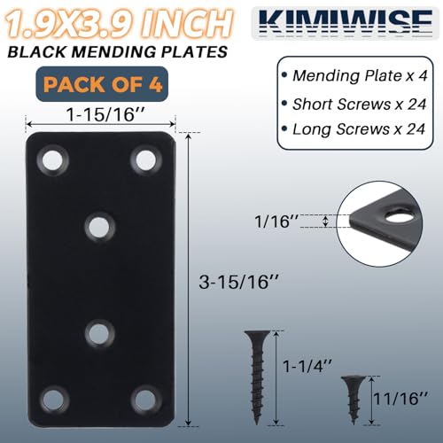4 Pcs Flat Mending Plate, 1.9''x3.9'' Black Stainless Steel Metal Flat Straight Brace Bracket, Fixing Brace Joining Plates for Furniture, Wood, Shelves, Cabinet with 2 Different Lengths of Screws - size: 4pcs-50x100mm/1.97x3.94''