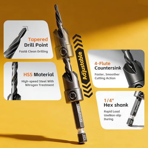 GRENPRO Countersink Drill Bit Set, 15PCS Tapered Bits with 2 Plug Cutters