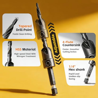 GRENPRO Countersink Drill Bit Set, 15PCS Tapered Bits with 2 Plug Cutters