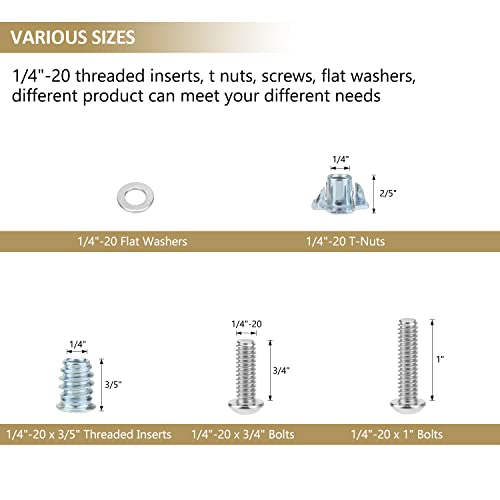 1/4-20 Threaded Inserts for Wood, T Nuts, Bolts With Button Head Socket Cap Screws (3/4", 1", 1/4"), Washers and Hex Wrench - 64 Pieces - size: 1/4"-20 Nut Bolt Assortment Kit, 64 Pieces
