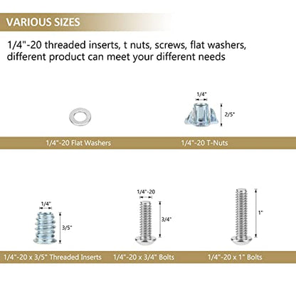 1/4-20 Threaded Inserts for Wood, T Nuts, Bolts With Button Head Socket Cap Screws (3/4", 1", 1/4"), Washers and Hex Wrench - 64 Pieces - size: 1/4"-20 Nut Bolt Assortment Kit, 64 Pieces