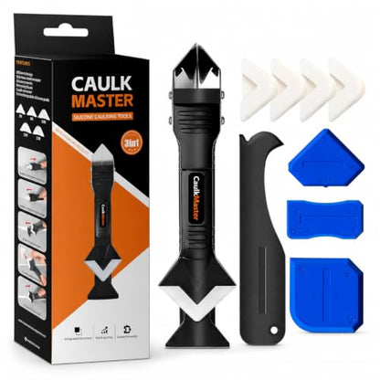 3-in-1 Caulking Tool Kit with Stainless Steel Caulk Remover and 5 Silicone Finishing Pads for Bathroom, Kitchen, Shower, Sink, Tile and Windows