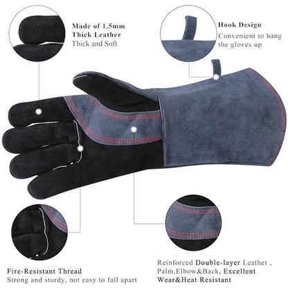 RAPICCA Fireplace Fire Pit Gloves, 662°F Fireproof Leather, 16 in Grey - color: Grey(length 16in)