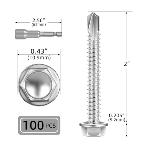#12 x 2 (100 PCS) Sheet Metal Screws, Hex Washer Head Self Drilling Screw, 410 Stainless Steel Flanged Fast Self Tapping Screws - size: #12 x 2"