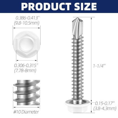 #10 x 1-1/4" Hex Washer Head Self Drilling Sheet Metal Screws with Drill Point, Stainless Steel 410, White Head, 50 PCS - color: White, size: #10 x 1-1/4"