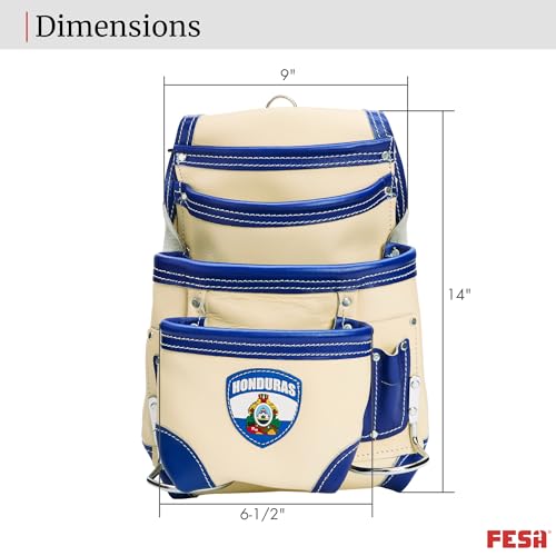FESA Leather Carpenter Tool Pouch - 10-Pocket Heavy Top Grain Leather Carpenter Pouch with 2 Hammer Loops, Large & Small Pockets - Fits Work Belts up to 3" - Handcrafted - Country-Themed - color: White - Honduras