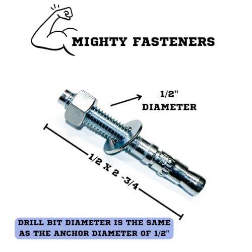 MIGHTY FASTENERS Zinc-Plated Steel Wedge Anchors, 1/2" X 2-3/4" - Heavy-Duty Mounting Bolts for Concrete - 25 Pack - size: 1/2" X 2-3/4"