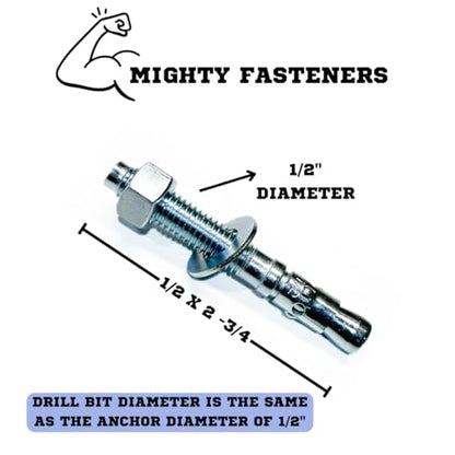 MIGHTY FASTENERS Zinc-Plated Steel Wedge Anchors, 1/2" X 2-3/4" - Heavy-Duty Mounting Bolts for Concrete - 25 Pack - size: 1/2" X 2-3/4"