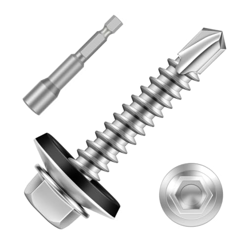 #10 x 1-1/2" Zinc Plated Steel Self Drilling Roofing Screws, Hex Head Self Tapping Screws with EPDM Washer, 100 PCS - color: Silver, size: #10 x 1-1/2"