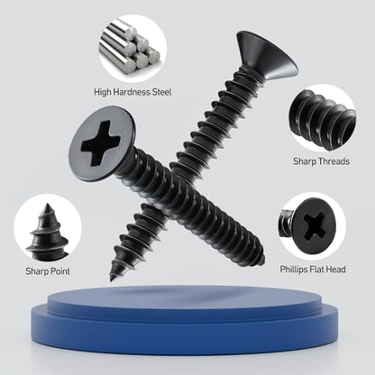 100PCS Wood Screws 1-1/2 Inch, #6 x 1-1/2" Black Screws, Black Dacromet Flat Head Phillips Self Tapping Suitable for Furniture, Woodworking - size: 6 x 1-1/2"