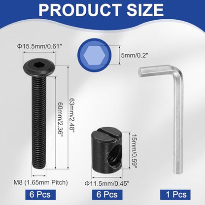 PATIKIL Furniture Bolt Nut Set, 6 Pcs M8 x 60 mm Metric Carbon Steel Flat Head Hex Socket Cap Screws Bolts with Barrel Nuts Hex Key Wrench for Beds Headboards Chairs, Black - size: M8 x 60mm