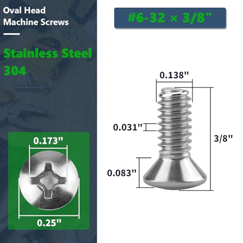 #6-32 x 3/8" (100 pcs) Oval Head Machine Screws, Cross Recess, ASME B18.6.3, 304 Stainless Steel, for Thin Metal Wall Plates & Electronics - size: #6-32 x 3/8"