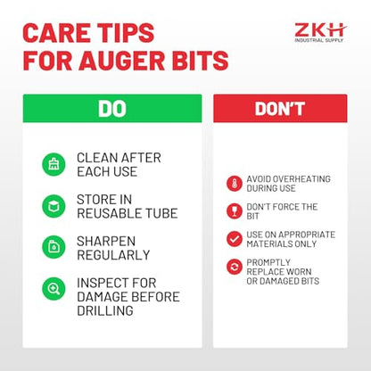 ZKH Auger Drill Bit for Wood, 9/16 x 12 Inch Long Drill Bit with 3/8" Hex Shank, High Carbon Steel Wood Drill Bit with Self-Positioning Tip, Smooth Drilling for Soft and Hardwood, Plastic, Drywall