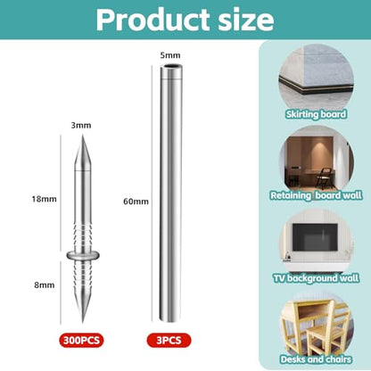 300 Count Double Headed Skirting Nails - Dual Direction Nails for Wooden Baseboards with Included Specific Sleeve Tool, Easy Mark-Free Installation