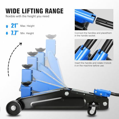 DNA Motoring 3 Ton Low Profile Floor Jack, 3 tons (6000 lbs) Capacity Fast Lift Hydraulic Trolley Service/Floor Jack, 7.7 "-21" Lifting Range, Blue, TOOLS-00674-BL - color: Blue, style: 3 ton