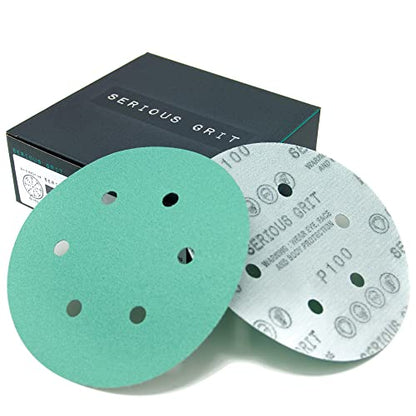Serious Grit - 6-Inch 6-Hole P100 Grit Sanding Discs - 50 Pack Box - size: 100 Grit