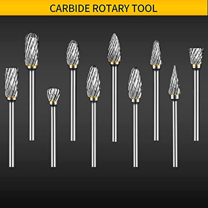 Carbide Burr Set Compatible with Dremel Rotary Tool 10Pcs Die Grinder Bits Rotary File Rasp with 1/8" Shank Tool Accessories for Attachments Cutting Burrs Metal Grinding Engraving Porting Double Cut