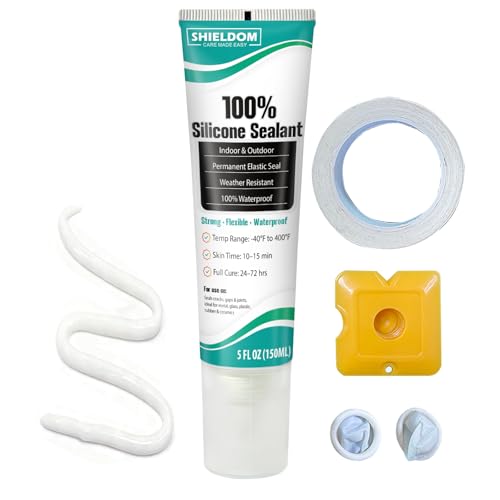 SHIELDOM Silicone Sealant Adhesive Silicone Caulk with Finishing Tool 100% Waterproof Seal Shrink & Crack Proof, Flexible, Strong Adhesion for Bathroom, Kitchen, Windows, Roof & Cars 150ML/5Oz (White) - color: White