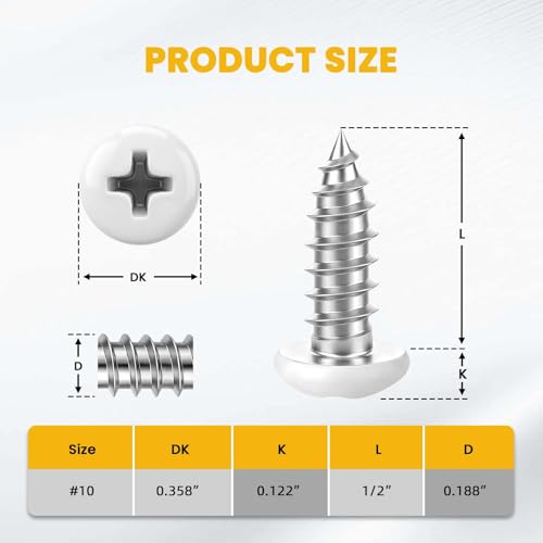 #10 x 1/2" Pan Head Wood Screws, Sheet Metal Screws Self Tapping Screws, Stainless Steel 18-8 (304), White Head, Screwdriver Bit Included, 50 PCS - size: #10 x 1/2"