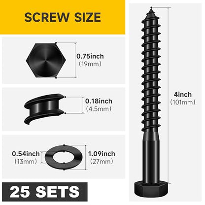 Mywish (25Sets) 1/2" x 4" Lag Bolts, 304 Stainless Steel 1/2 inch Lag Screws Bolts for Wood, Heavy Duty Hex Head with Flat Washers Bolt Kit, Black Oxided - size: 1/2 x 4"