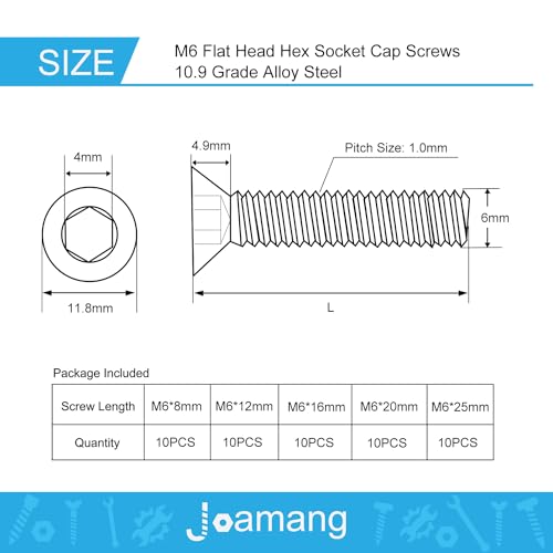 M6 x 8mm 12mm 16mm 20mm 25mm Flat Head Hex Socket Cap Screws Countersunk Bolts, 10.9 Grade Alloy Steel, Black Oxide Finish, Metric Allen Drive, Fully Threaded, Assortment Kit 50Pcs - size: M6 x 8/12/16/20/25 mm