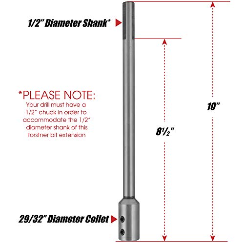 10" Forstner Bit 1/2" Shank Extension, Adds 8-1/2" Drilling Depth - size: 10" (1/2" Shank)