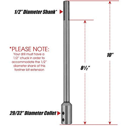 10" Forstner Bit 1/2" Shank Extension, Adds 8-1/2" Drilling Depth - size: 10" (1/2" Shank)