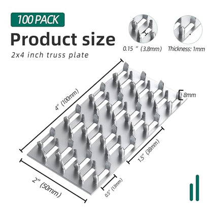 100 Pack 4"x2" Pronged Truss Plates with 8mm Nail Teeth