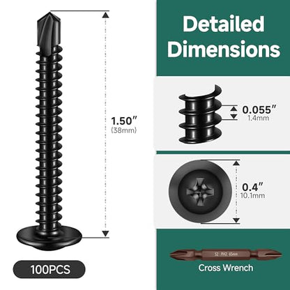 #8 x 1-1/2" Black Self Tapping Screws for Metal, Truss Head Phillips Drive 410 Stainless Steel Self Drilling Sheet Metal Screws with Drill Bit, Fast Tapping (Box of 100) - color: Black, size: #8 x 1-1/2"