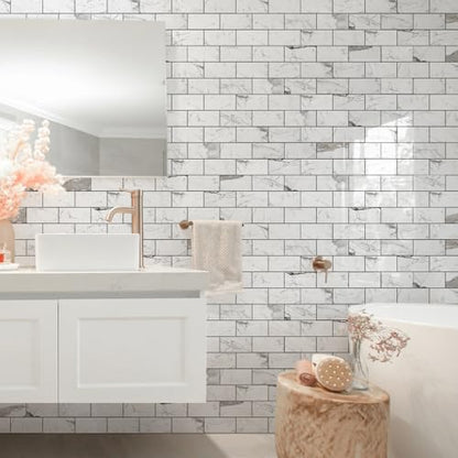 STICKGOO Subway Tile Peel and Stick Backsplash, Glossy White Marble PVC Self Adhesive Tile Backsplash, Stick on Tile for Kitchen and Bathroom(10 Sheets) - color: Glossy Grey Marble