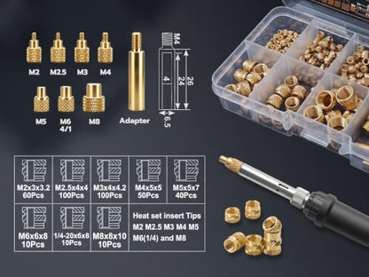 Heat Set Insert Tools kit with 60W Soldering Iron & 380 Pcs Threaded Insert - size: ZW380